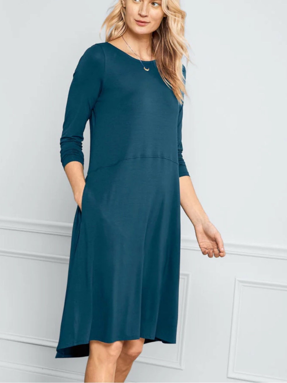 EILEEN FISHER Viscose-Jersey Flare Dress Women’s SZ Medium in Teal Blue Green